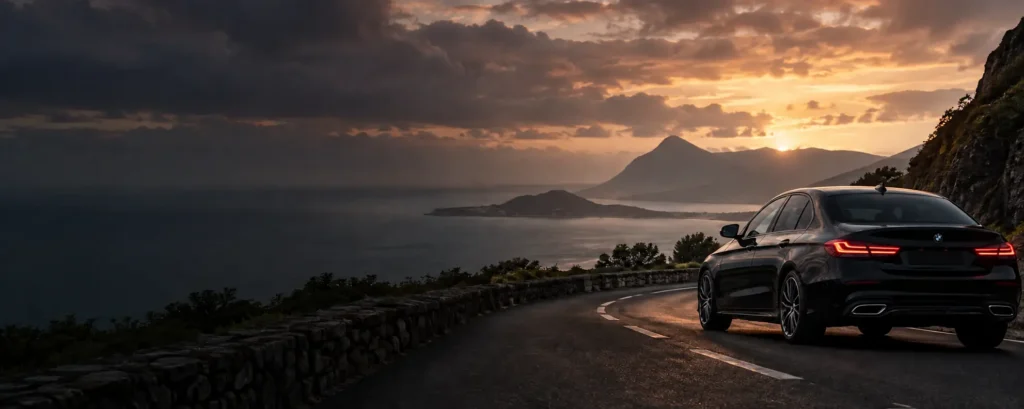 BMW car driving. With mountains and sunset view.