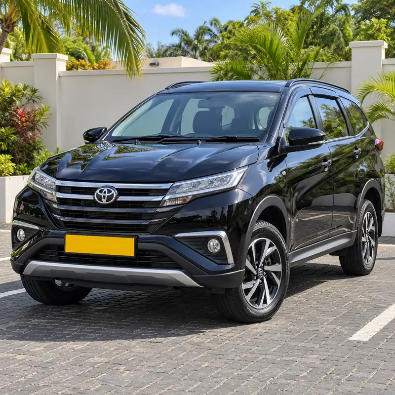 Black Toyota Rush SUV viewed from the front and side, parked beside tropical plants and a white wall.