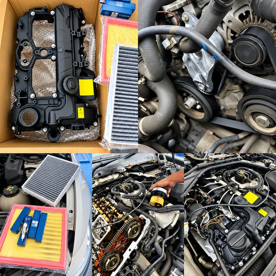 BMW engine maintenance collage showing filters, spark plugs, valve cover, drive belt and oil filter replacement.