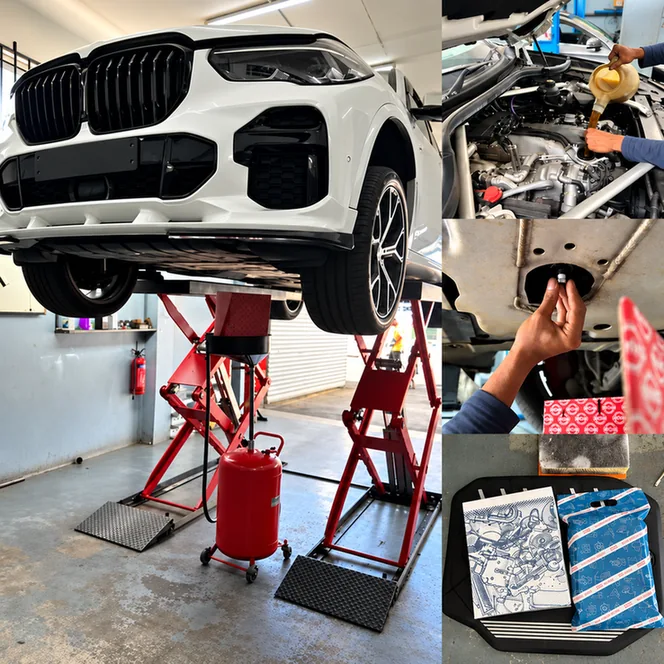 BMW SUV on a lift, with close-ups of oil filling, underbody work and service parts.