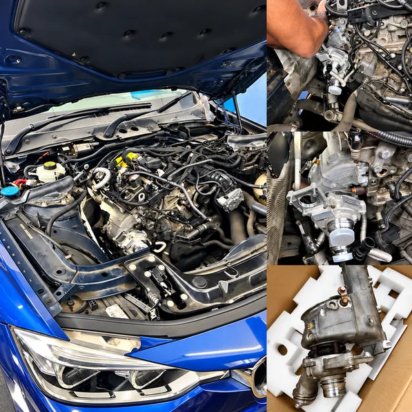 BMW engine bay with close-ups of turbocharger installation and a removed turbocharger.