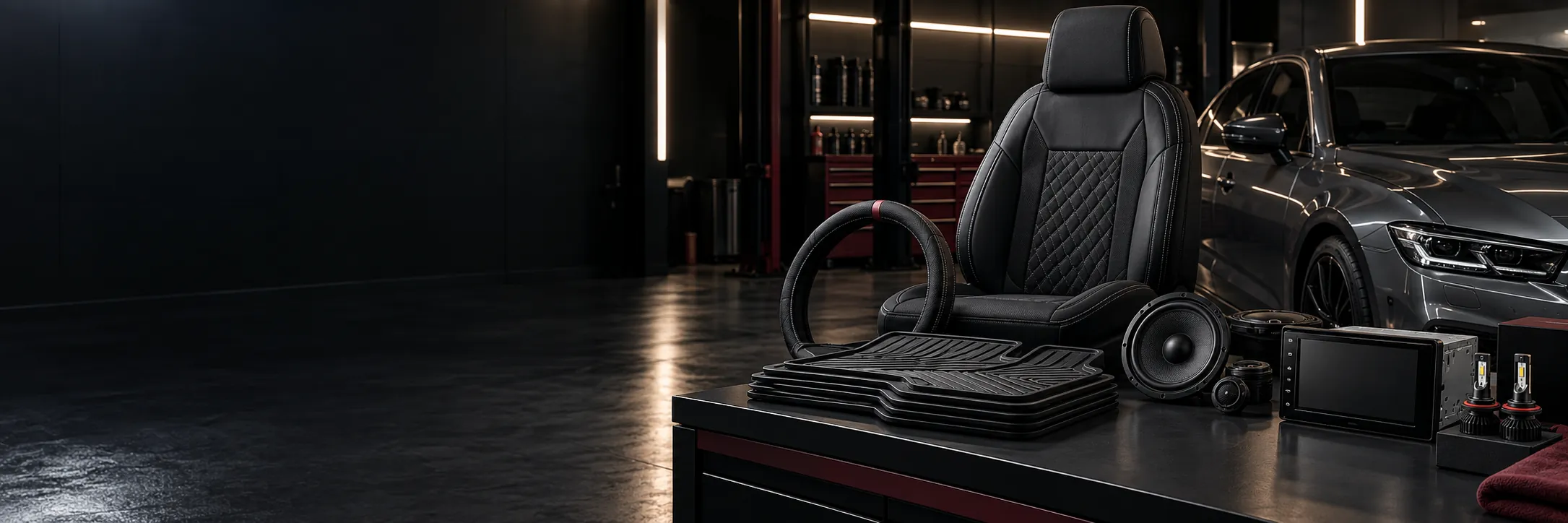 Car accessories like steering wheel cover, car mats, speakers and stereo screen on a table.