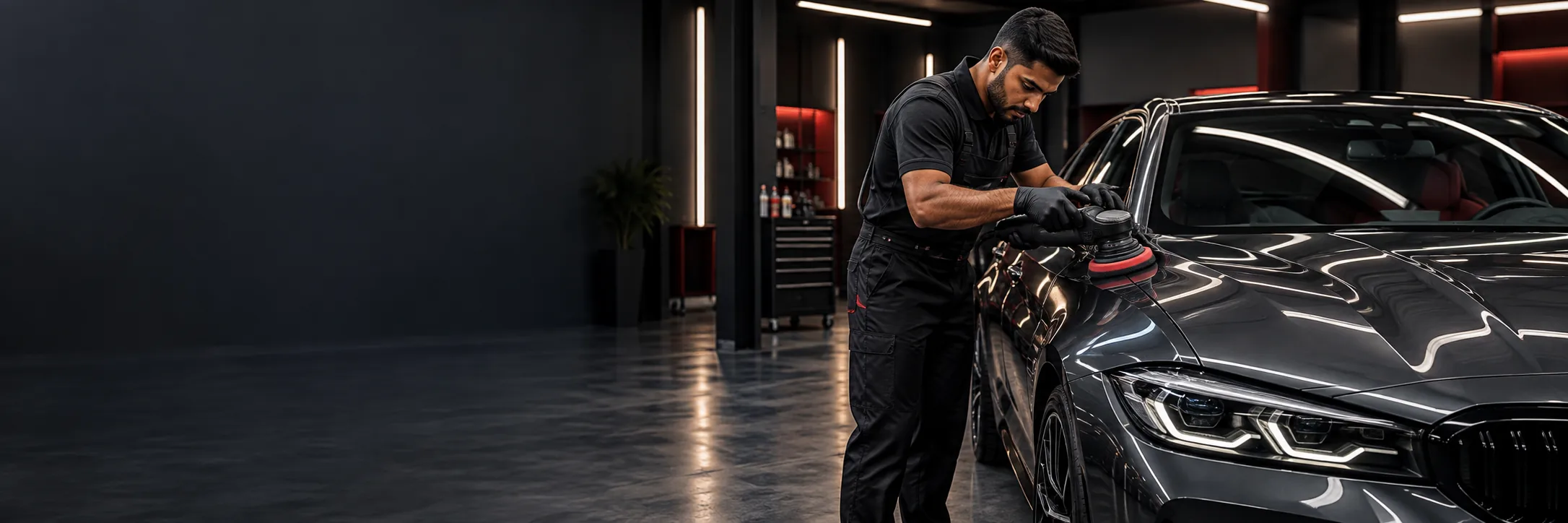 A man is polishing a dark grey BMW for detailing