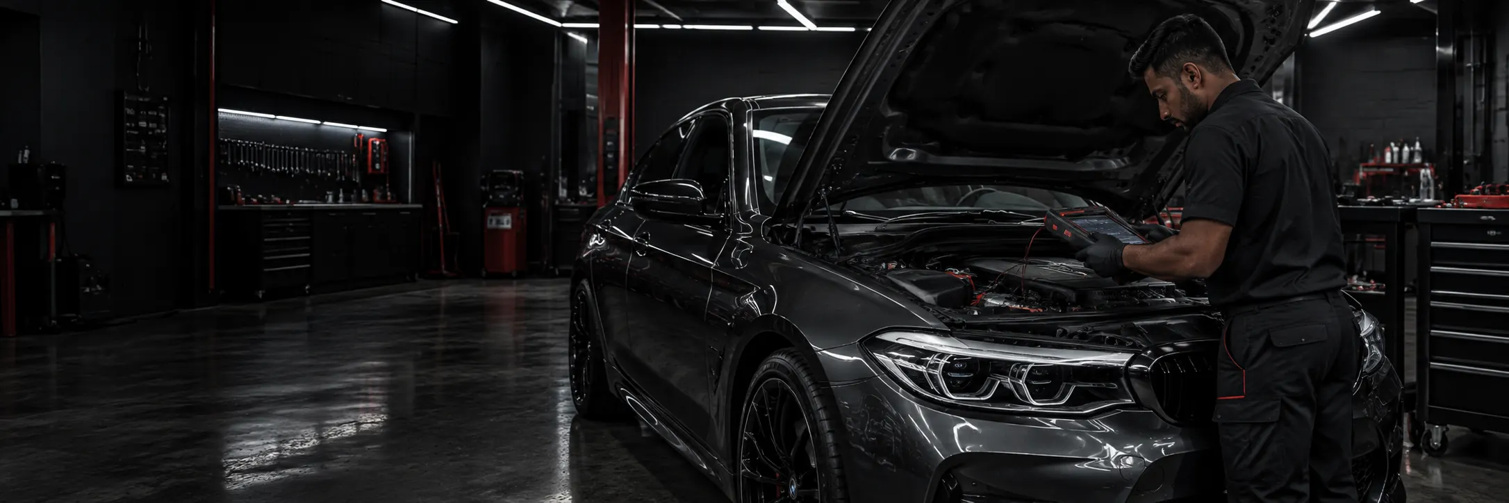 A car electrician is diagnosing a BMW in a garage