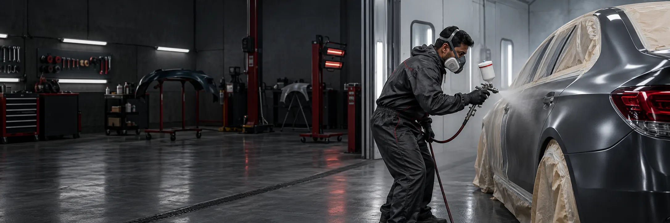 A car painter is paint spraying a car in a garage.