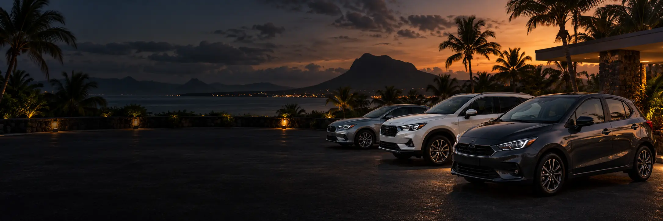 Three cars on a parking with mountain and sunset view