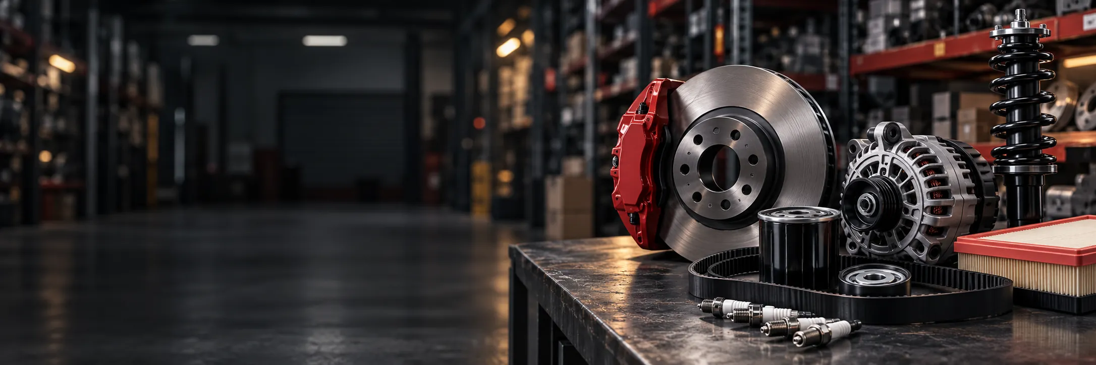 Car parts like disc brake, oil filter, spark plugs and alternator on a table, in a spare parts warehouse.