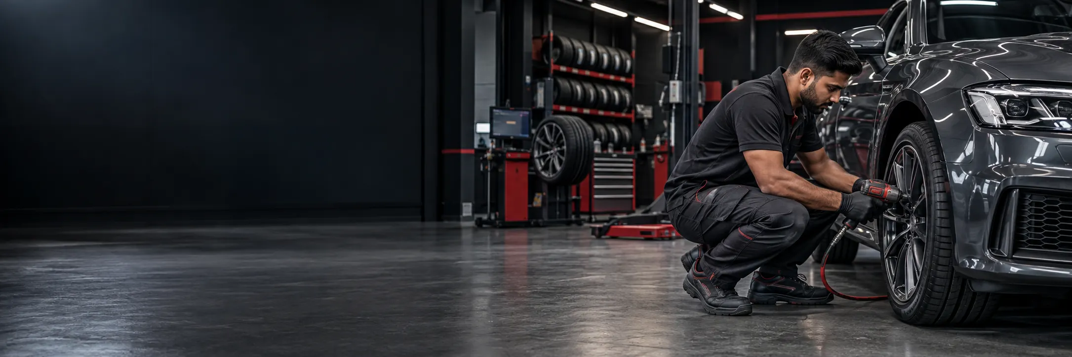 A man putting air in a car tyre at a car tyre center