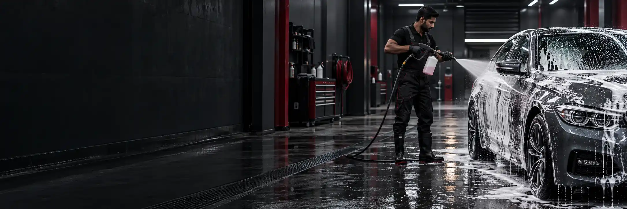 A man is washing a BMW with foam pressure washer at a car wash