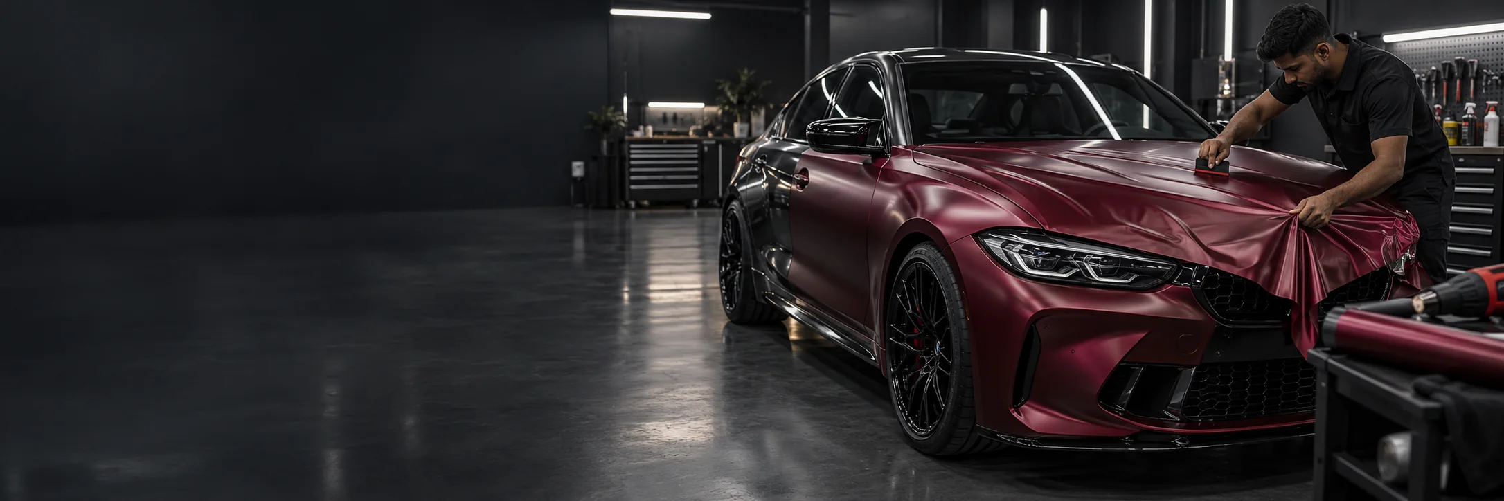A man wrapping a black BMW M4 in dark dark red.