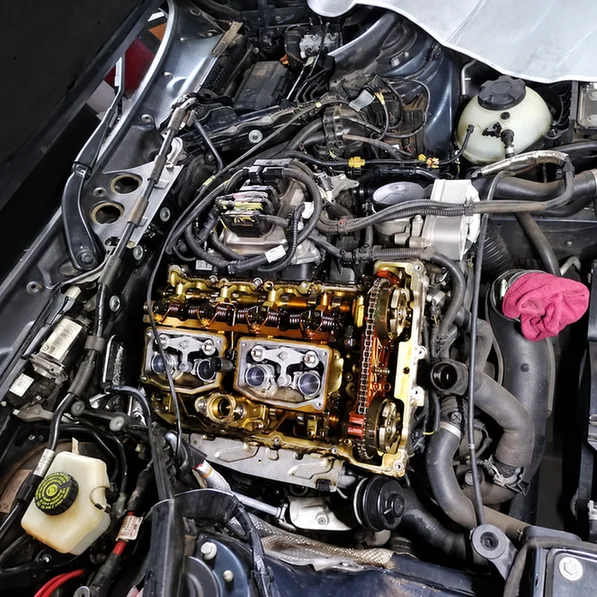 Open engine with the valve cover removed, exposing camshafts and timing chain.