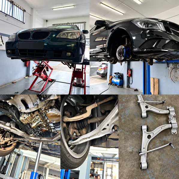 BMW and Mercedes-Benz on workshop lifts, with suspension components and control arms shown below.