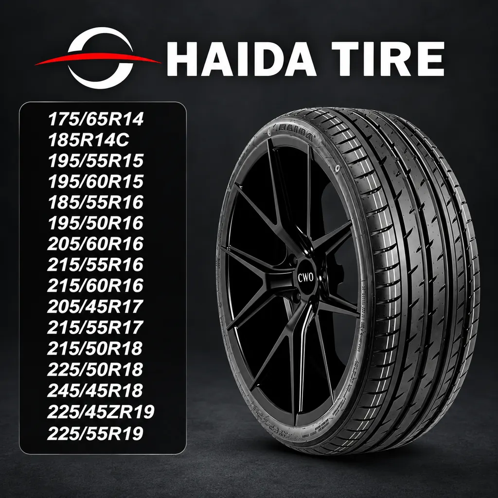 Haida tyre mounted on a black alloy wheel beside a list of available tyre sizes.