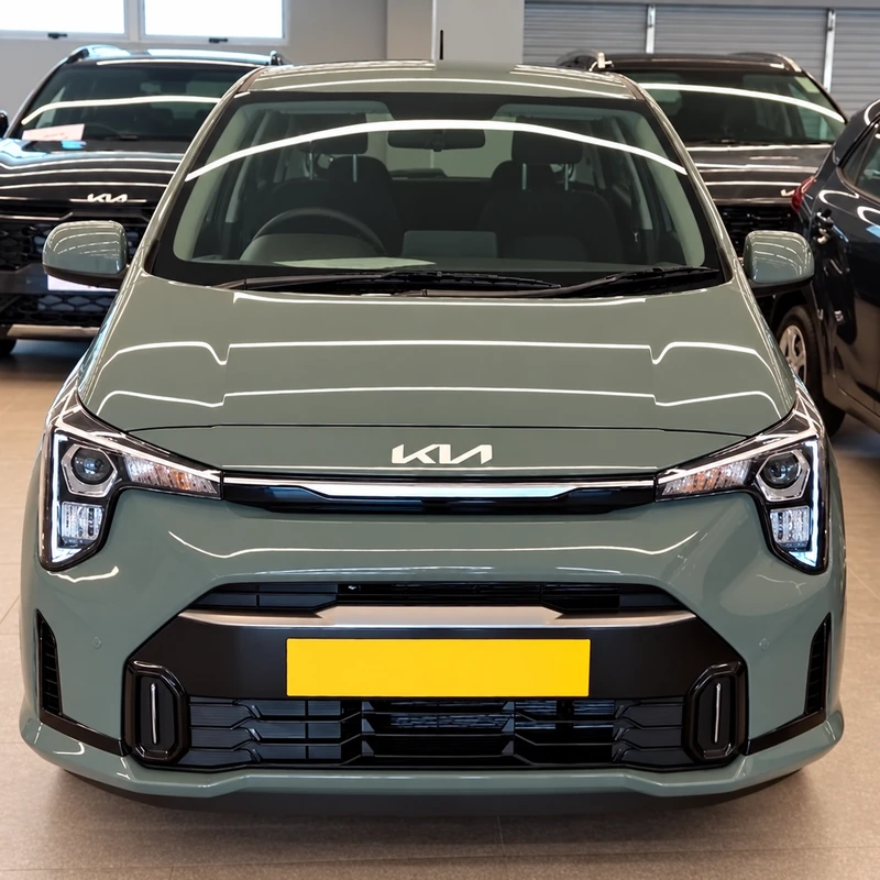 Front view of a grey-green Kia Picanto inside a showroom.