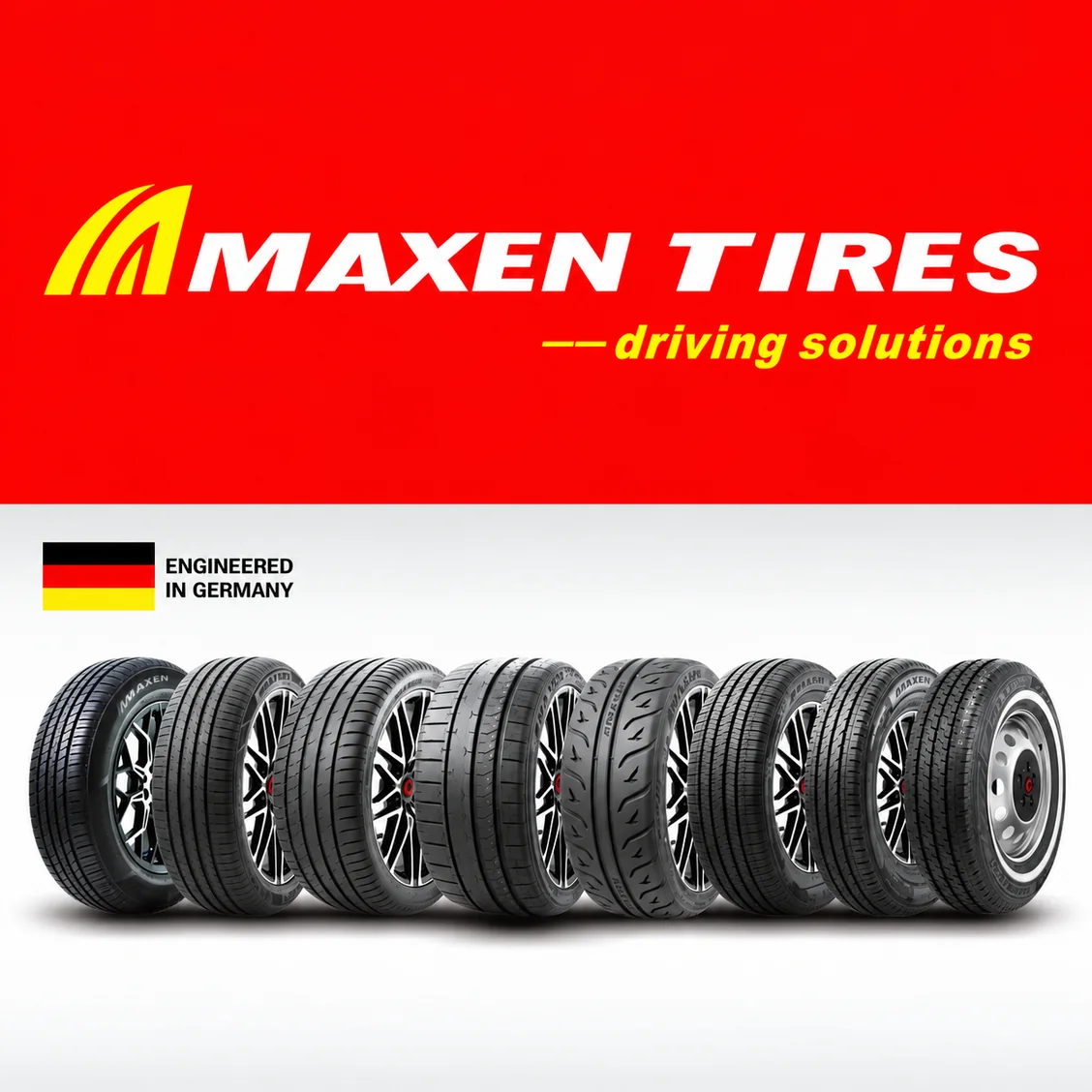 Maxen tyre range beneath the brand logo and Engineered in Germany text.
