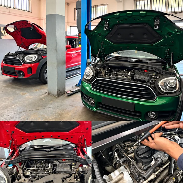 MINI cars with open bonnets, alongside engine servicing close-ups.