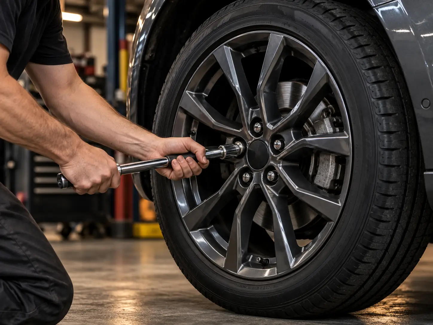 Technician tightening a car wheel bolt with a socket wrench.