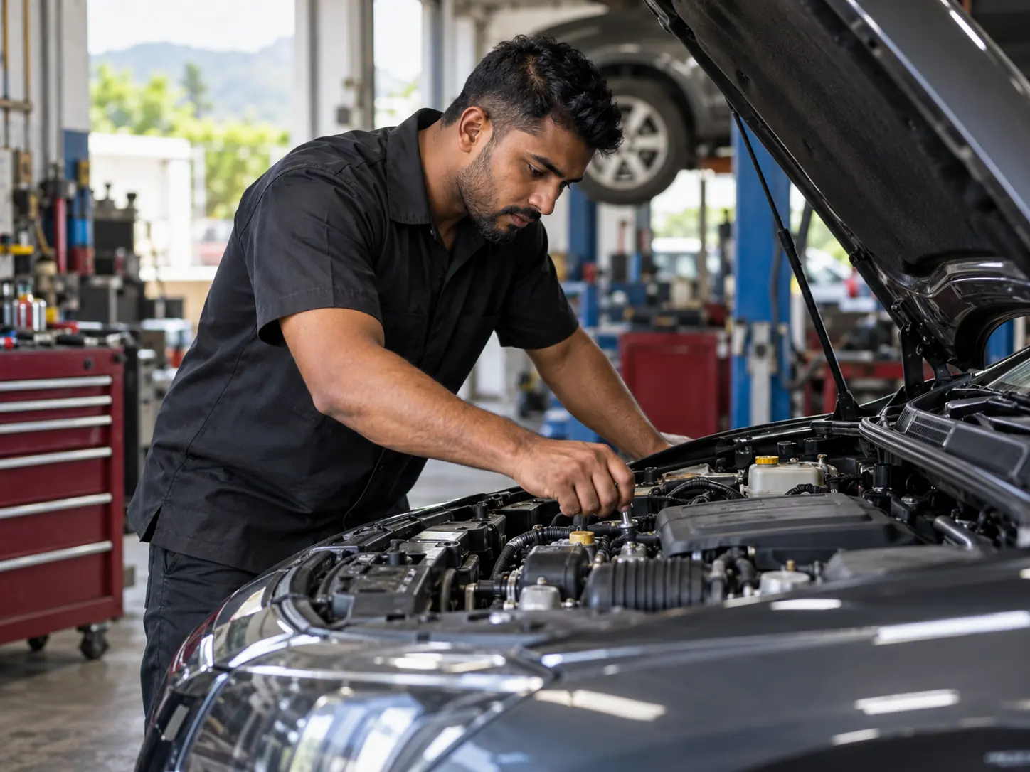 Mechanic inspecting a car engine in an automotive workshop.