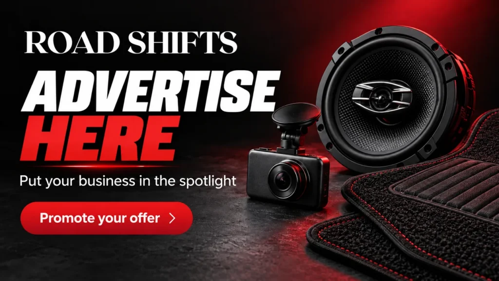 Advertise your automotive business on Road Shifts, featuring a car speaker, dash camera and floor mats.