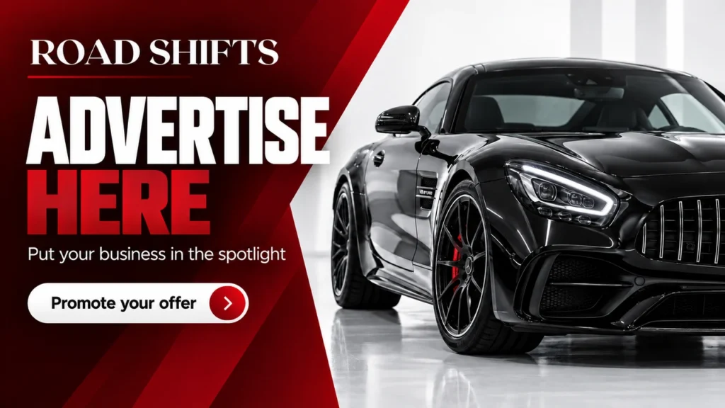 Advertise your automotive business on Road Shifts, featuring a glossy black sports car.